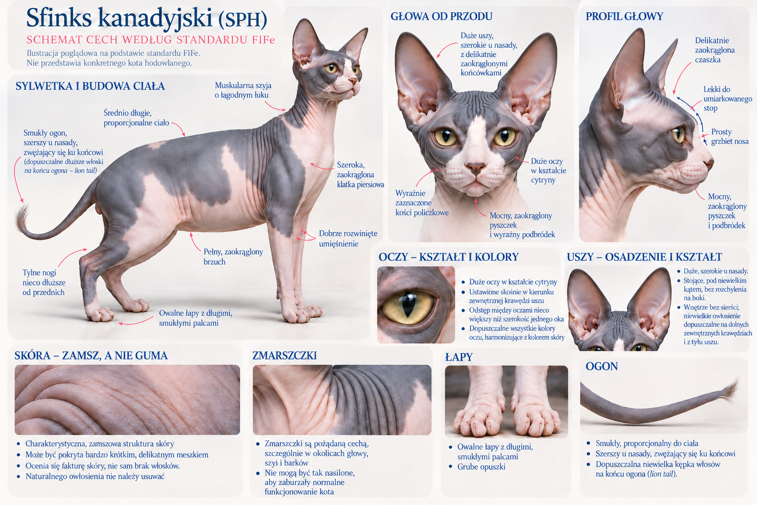 Canadian Sphynx (SPH). A Polish-language diagram of features according to the FIFe standard: body, head, profile, eyes, ears, skin, wrinkles, paws and tail.